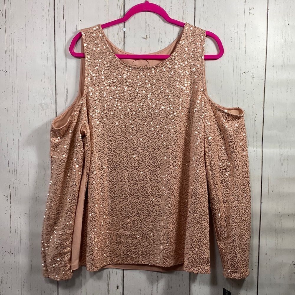 INC Sequins Top Sparkle Party Night Rose Gold Off Shoulder Crewneck Holiday Top